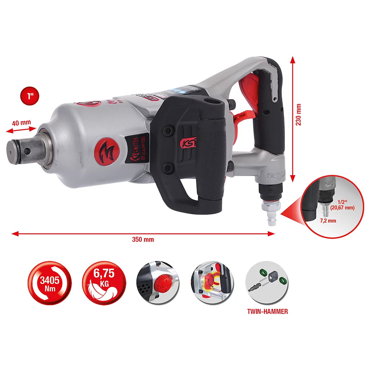 Ein silberner Schlagschrauber mit roten Akzenten, Größenangaben, und technischen Details wie Drehmoment und Gewicht.